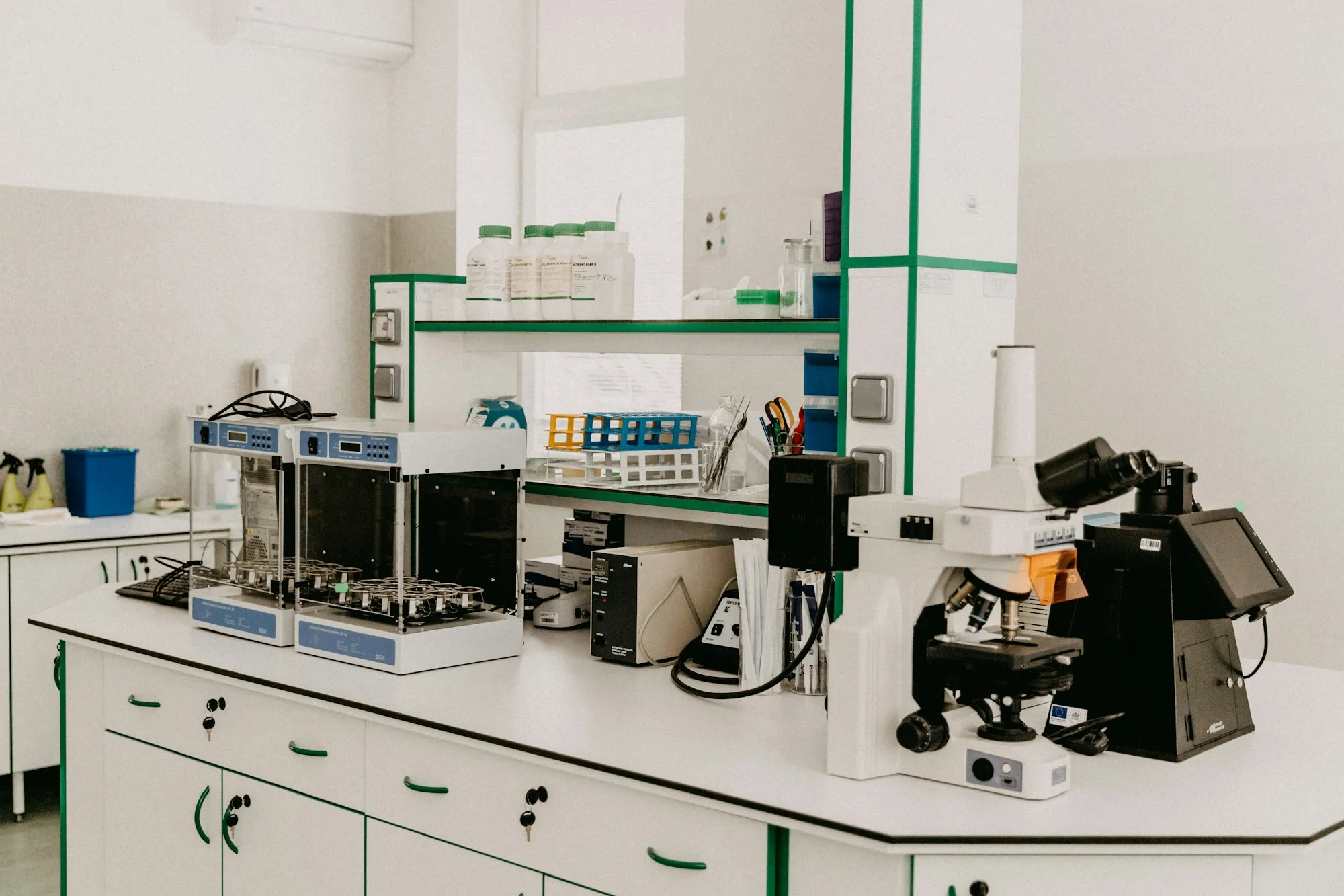 Laboratory bench with a microscope and analysis equipment
